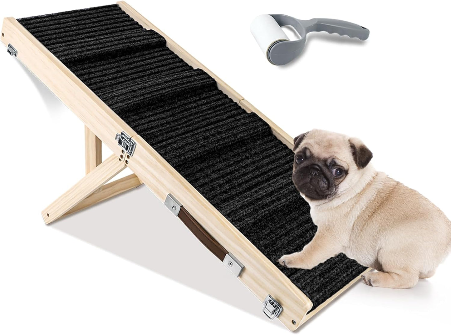 Wooden Pet Ramp,Foldable Portable 4 Steps Adjustable 9" to 17.3" with Non-Slip 5 Paw Traction Mat for Small Medium Dogs