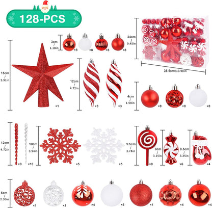 Christmas tree balls 128-piece set, Christmas balls Christmas decorations set, Christmas tree topper & Christmas tree decorations for indoors and outdoors, Christmas tree decorations (red)