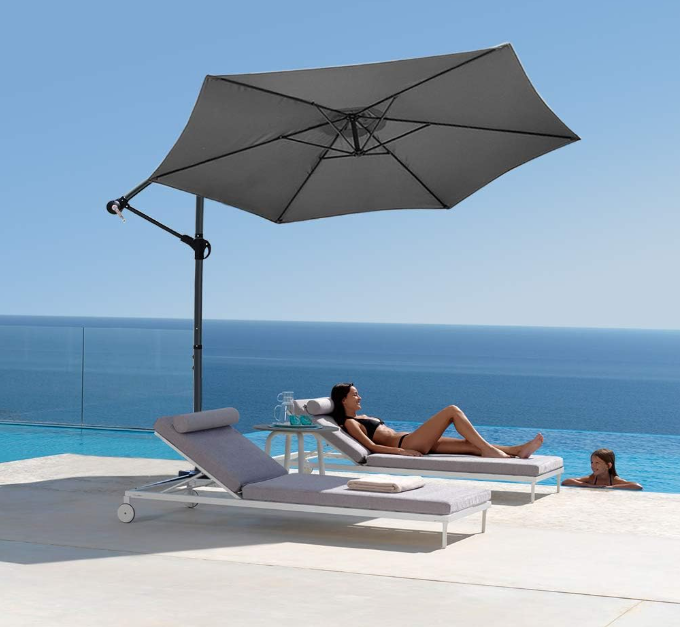 3m Cantilever Garden Parasol, Banana Patio Umbrella with Crank and Tilt for Outdoor Parasol, Gray