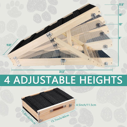 Wooden Pet Ramp,Foldable Portable 4 Steps Adjustable 9" to 17.3" with Non-Slip 5 Paw Traction Mat for Small Medium Dogs