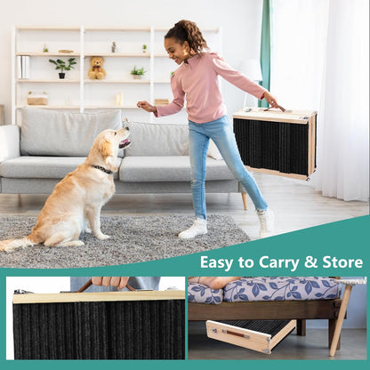 Wooden Pet Ramp,Foldable Portable 4 Steps Adjustable 9" to 17.3" with Non-Slip 5 Paw Traction Mat for Small Medium Dogs