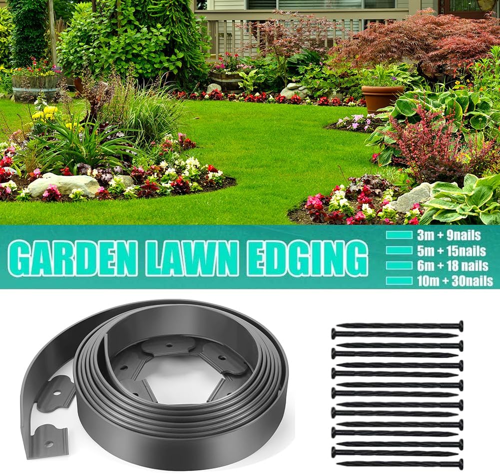 Border Edging, Garden Edging Border Plastic,10M Flexible Law Edging with Strong 30 Garden Pegs for Garden Border Edging Ideas, 5cm Height, Black