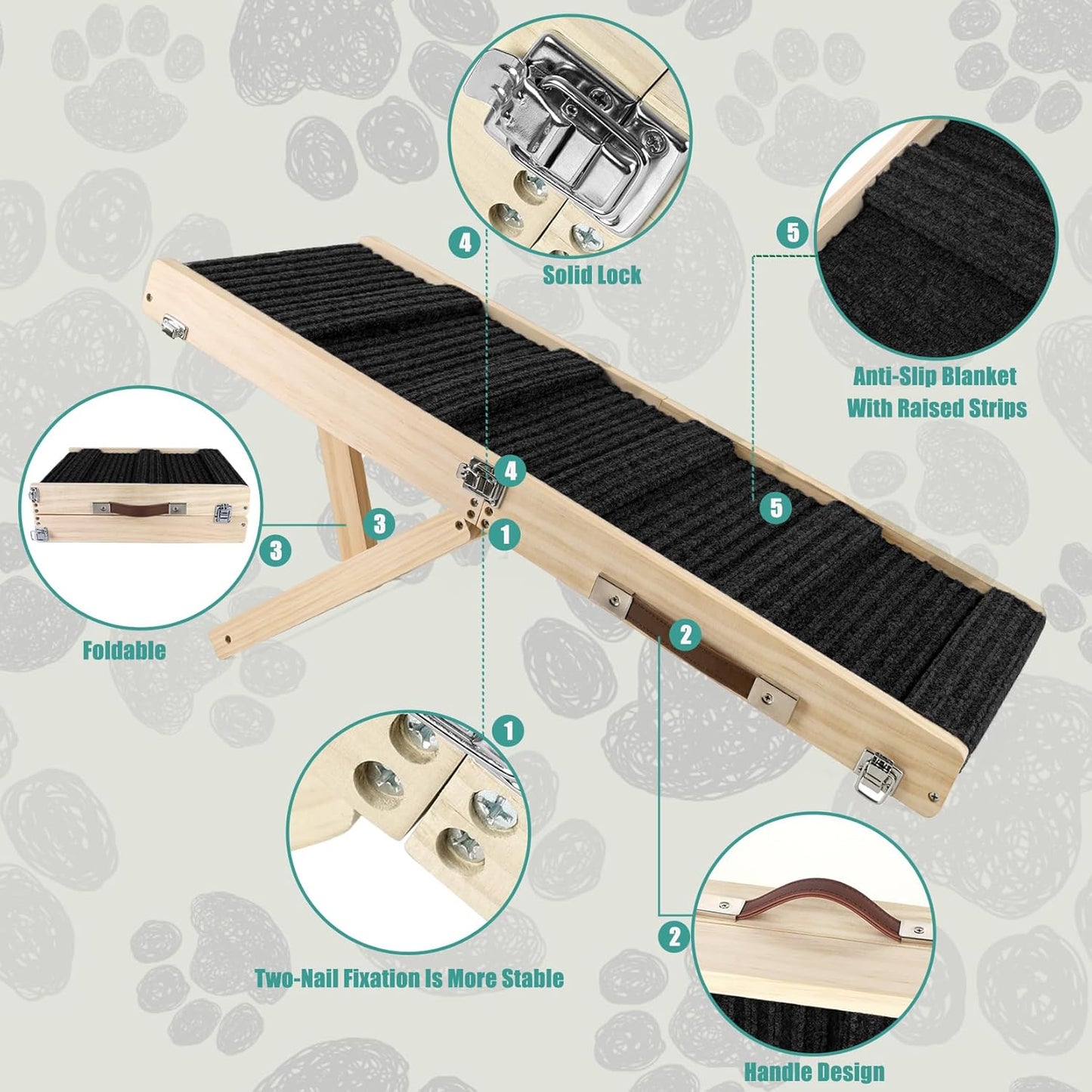 Wooden Pet Ramp,Foldable Portable 4 Steps Adjustable 9" to 17.3" with Non-Slip 5 Paw Traction Mat for Small Medium Dogs