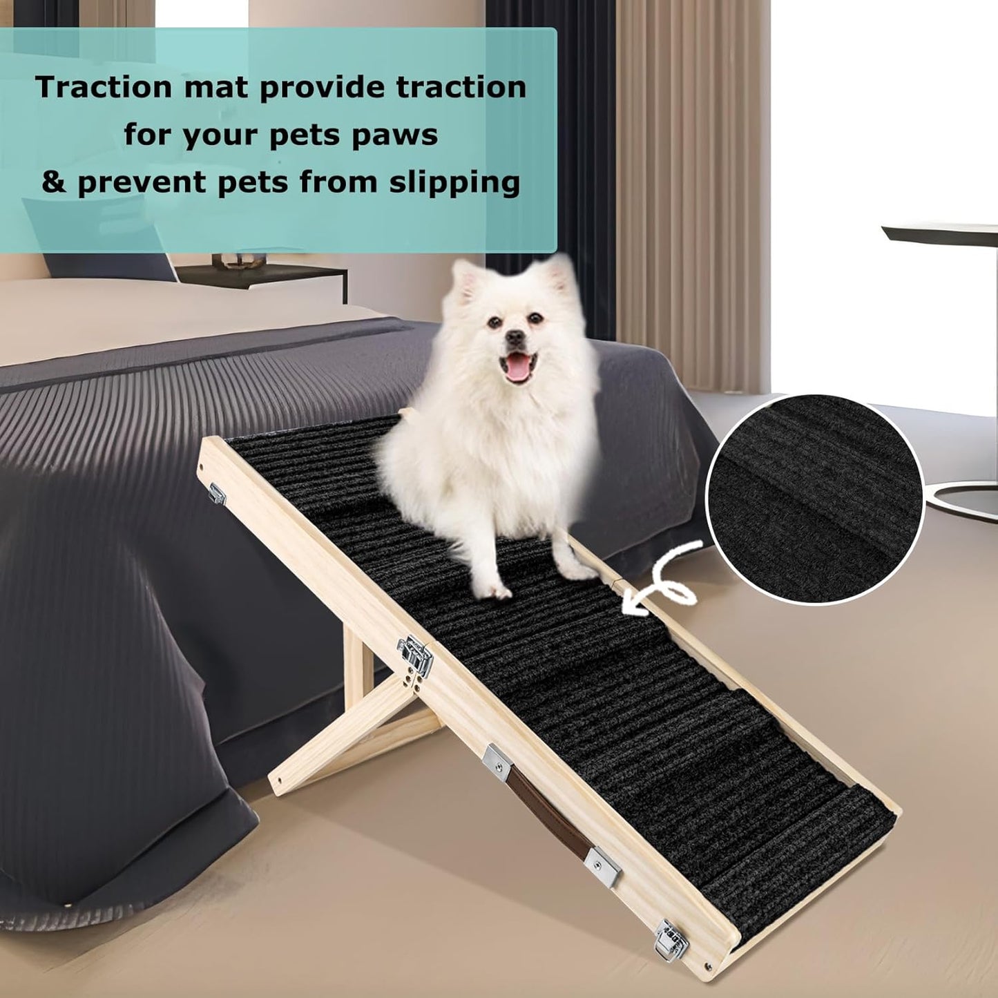 Wooden Pet Ramp,Foldable Portable 4 Steps Adjustable 9" to 17.3" with Non-Slip 5 Paw Traction Mat for Small Medium Dogs