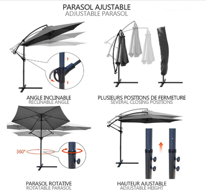 3m Cantilever Garden Parasol, Banana Patio Umbrella with Crank and Tilt for Outdoor Parasol, Gray