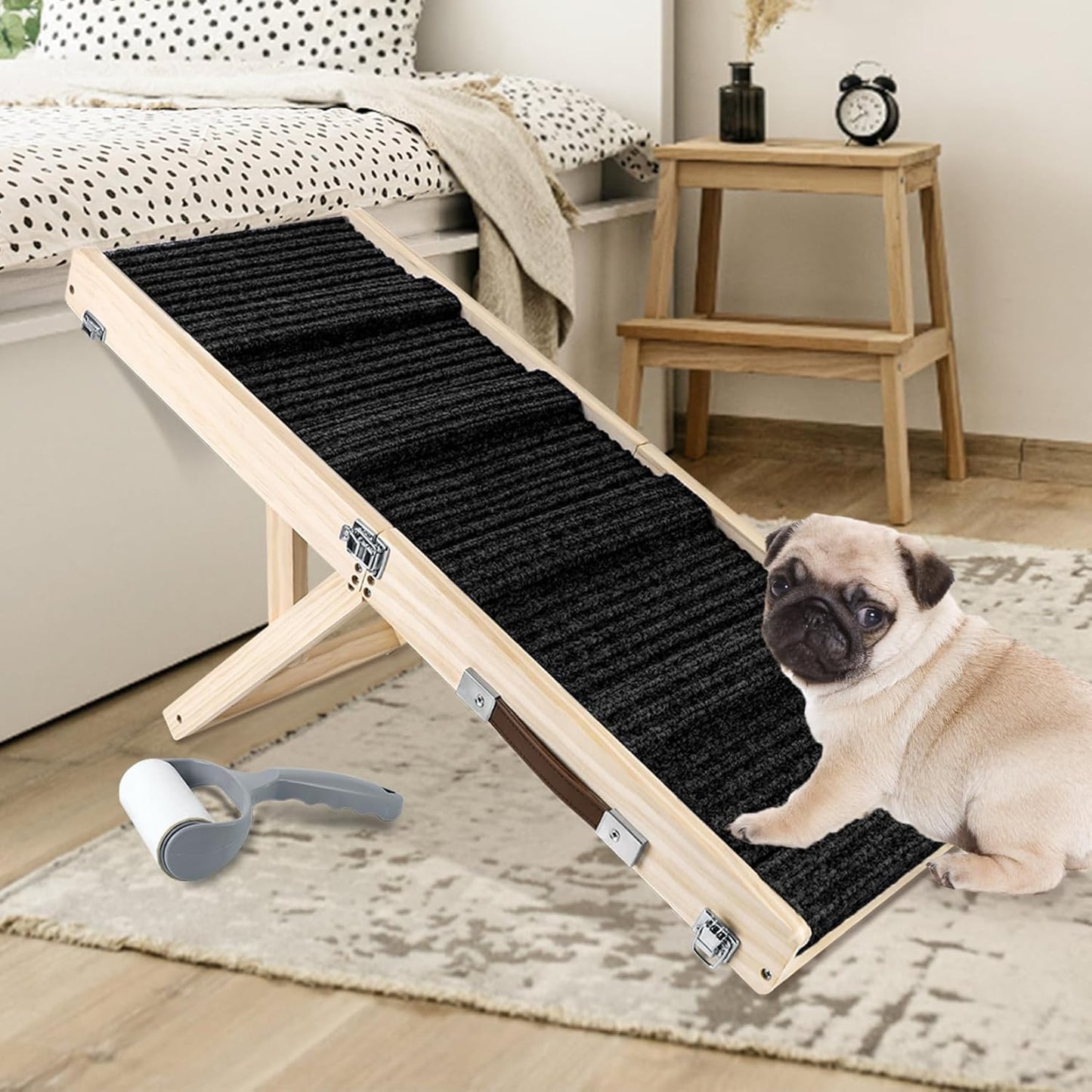 Wooden Pet Ramp,Foldable Portable 4 Steps Adjustable 9" to 17.3" with Non-Slip 5 Paw Traction Mat for Small Medium Dogs