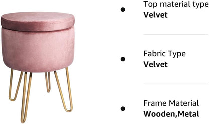 Velvet Dressing Table Stool, Round Vanity Stool with Storange, Bedroom Ottoman Stool with Metal Legs for Home Living Room Fitting Room Bedroom (Pink)