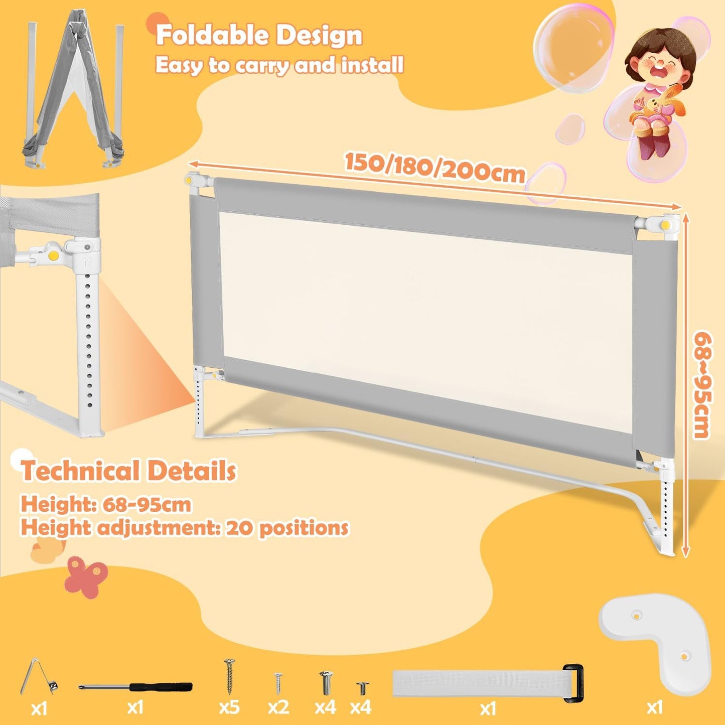 Bed rail fall protection foldable, bed guard rail foldable children's bed rail travel, nail-free assembly fall protection bed for toddlers baby bed rail, gray