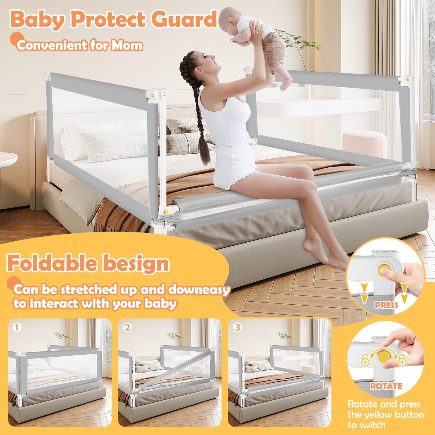 Bed rail fall protection foldable, bed guard rail foldable children's bed rail travel, nail-free assembly fall protection bed for toddlers baby bed rail, gray