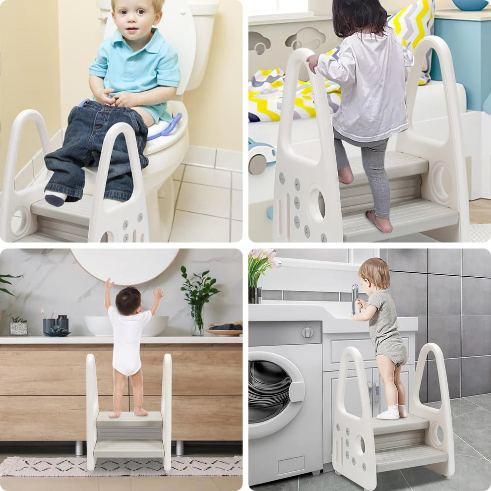 Step stool Two-step step stool for children from approx. 1 to approx. 8 years Children's stool With comfortable handrail Anti-slip stepladder learning tower for kitchen Non-slip