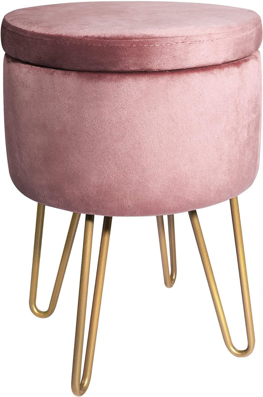 Velvet Dressing Table Stool, Round Vanity Stool with Storange, Bedroom Ottoman Stool with Metal Legs for Home Living Room Fitting Room Bedroom (Pink)