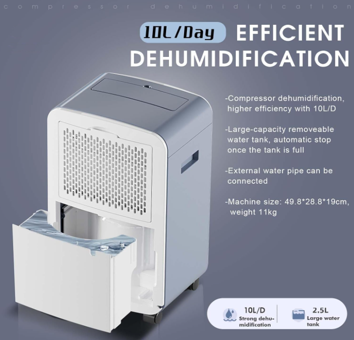 10L/D Dehumidifier with HEPA Filter, Low Energy Compressor with 2.5L Tank& Continuous Drainage, Digital Display/Timing/Sleep Mode/Purification/Humidity Setting, for Laundry Drying Basement